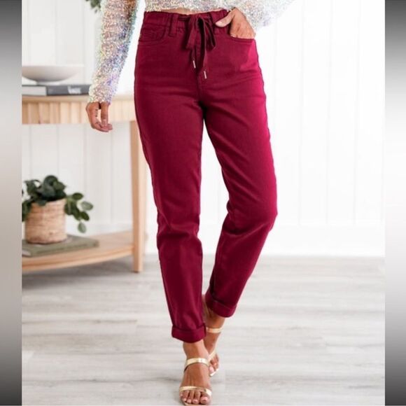 Judy Blue Scarlet Red High Waist Pull On Double Cuff Jogger Size 14 W - Picture 11 of 16